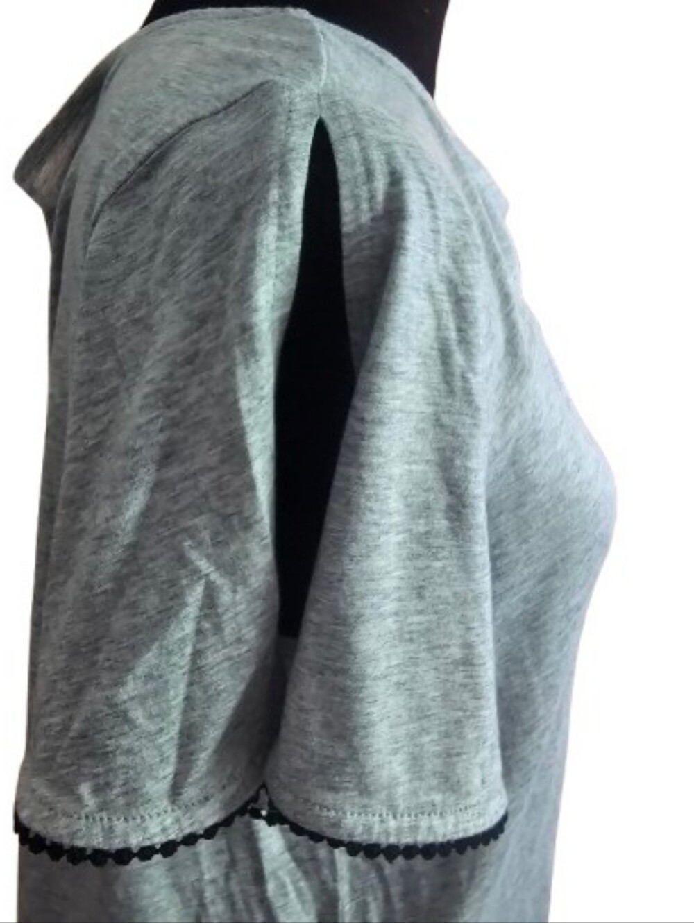 LOFT Heather Gray Scoop Neck Split Flutter Sleeve Tee With Black Trim - Picture 3 of 7